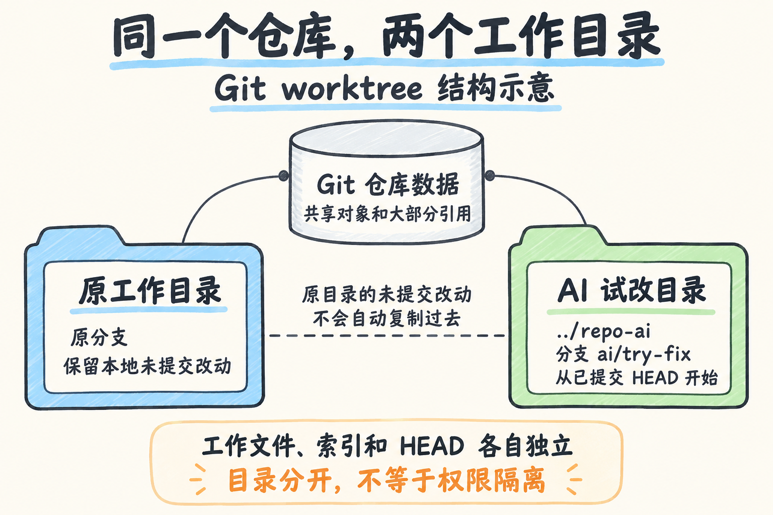 Git worktree结构示意：工作目录分开，仓库数据共享