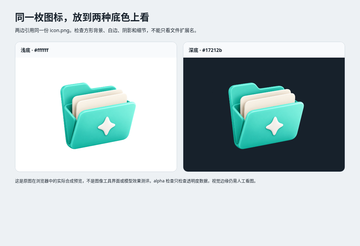 同一张实际生成PNG在白底与深底上的真实HTML预览