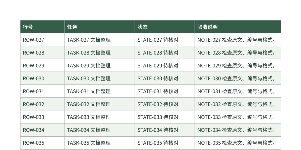 实际导出PDF的第2页上部，表头重复，从ROW-027继续；固定合成数据，直接渲染