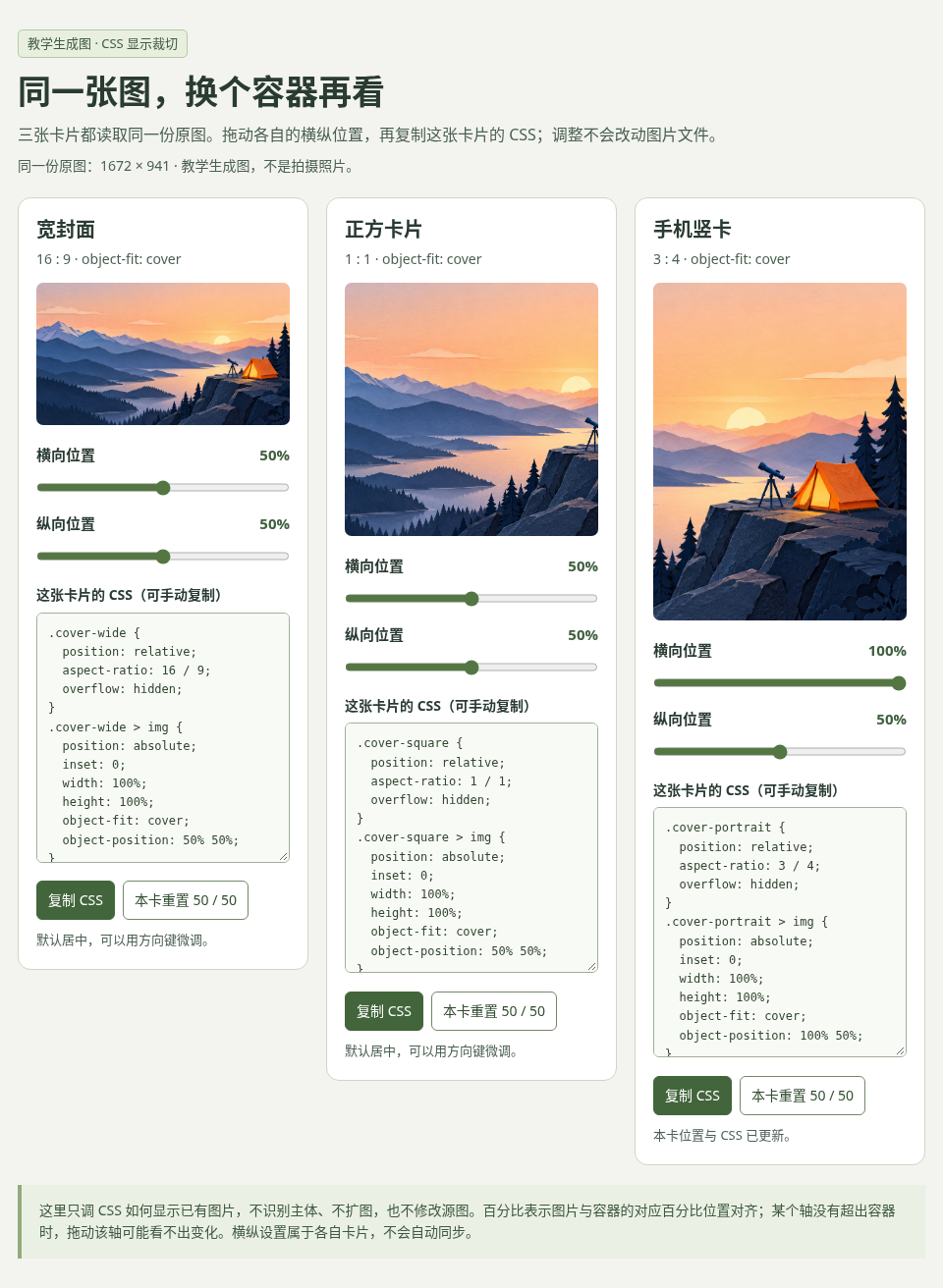 真实Chromium截图：宽封面50/50、方卡50/50、竖卡100/50，三个容器显示同一原图